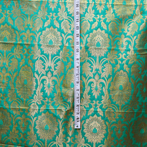 Silk Brocade Lengha Banarasi Silk Brocade Fabric by the Yard Banaras Brocade Silk Sea Green Gold for Wedding Dress Home Decor Indian Fabric