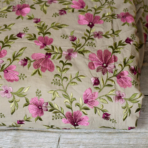 Floral Embroidered Cotton Fabric by the Yard Indian Embroidery Sewing DIY Crafting Women Summer Dresses Costumes Tote Bag Home Decor Curtain