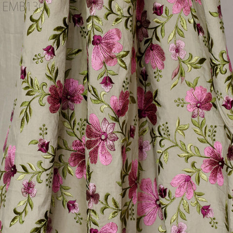 Floral Embroidered Cotton Fabric by the Yard Indian Embroidery Sewing DIY Crafting Women Summer Dresses Costumes Tote Bag Home Decor Curtain