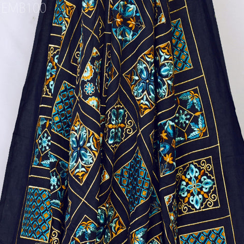 Navy Blue Embroidered Fabric Indian Embroidery Cotton Fabric by the Yard Sewing DIY Crafting Wedding Dress Costumes Doll Tote Bag Home Decor
