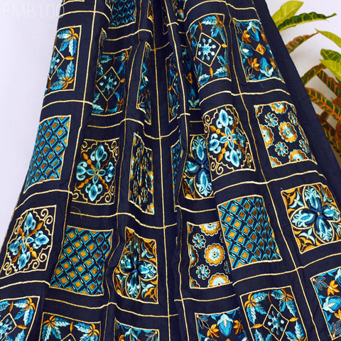 Navy Blue Embroidered Fabric Indian Embroidery Cotton Fabric by the Yard Sewing DIY Crafting Wedding Dress Costumes Doll Tote Bag Home Decor