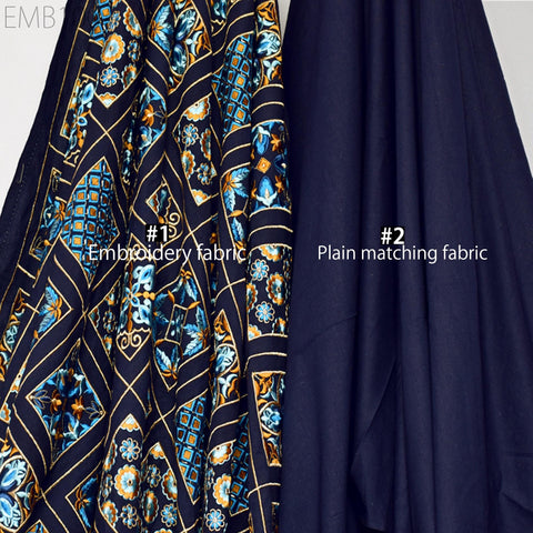 Navy Blue Embroidered Fabric Indian Embroidery Cotton Fabric by the Yard Sewing DIY Crafting Wedding Dress Costumes Doll Tote Bag Home Decor