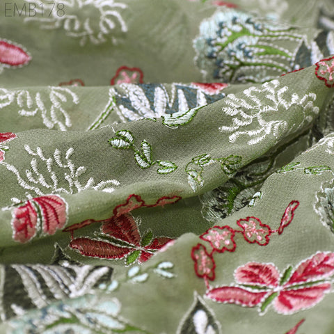 Green Indian Embroidered Fabric by the Yard Georgette Embroidery Sewing Curtain DIY Crafting Summer Women Dress Material Drapery Home Decor