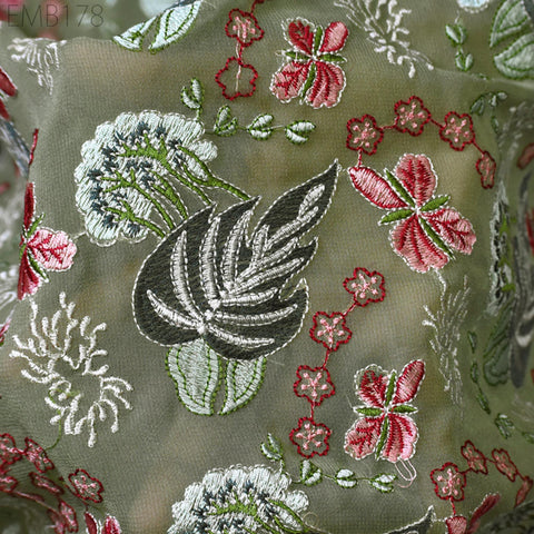 Green Indian Embroidered Fabric by the Yard Georgette Embroidery Sewing Curtain DIY Crafting Summer Women Dress Material Drapery Home Decor