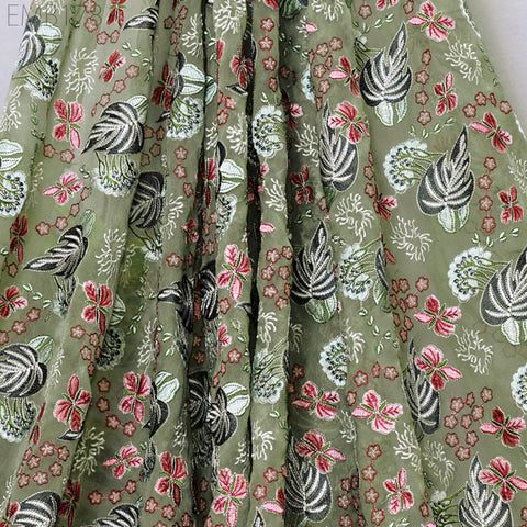 Green Indian Embroidered Fabric by the Yard Georgette Embroidery Sewing Curtain DIY Crafting Summer Women Dress Material Drapery Home Decor