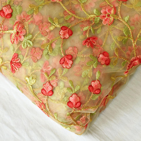 Indian Tulle Wedding Dress Embroidered Fabric Beige Floral Embroidered Fabric by the Yard Crafting Sewing Costumes Doll Making Home Decor