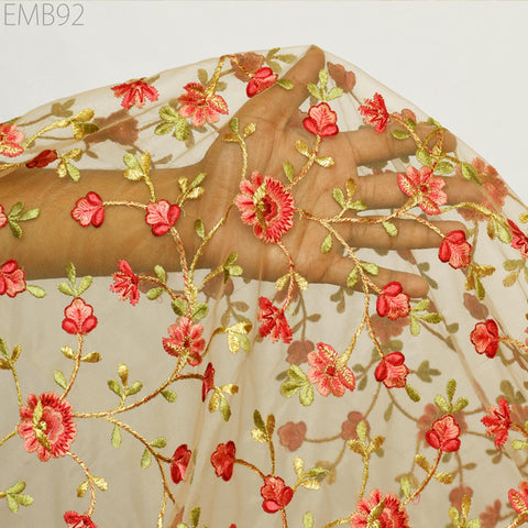 Indian Tulle Wedding Dress Embroidered Fabric Beige Floral Embroidered Fabric by the Yard Crafting Sewing Costumes Doll Making Home Decor