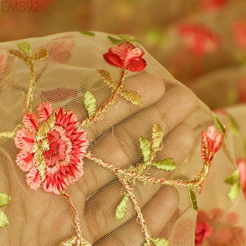 Indian Tulle Wedding Dress Embroidered Fabric Beige Floral Embroidered Fabric by the Yard Crafting Sewing Costumes Doll Making Home Decor