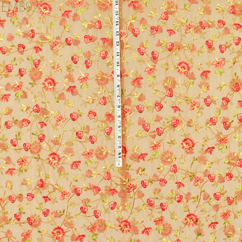 Indian Tulle Wedding Dress Embroidered Fabric Beige Floral Embroidered Fabric by the Yard Crafting Sewing Costumes Doll Making Home Decor