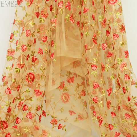 Indian Tulle Wedding Dress Embroidered Fabric Beige Floral Embroidered Fabric by the Yard Crafting Sewing Costumes Doll Making Home Decor