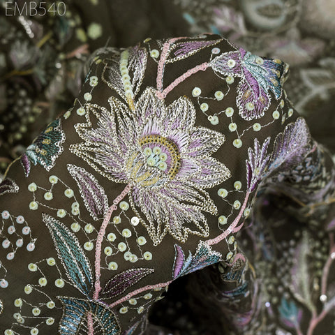 52" Taupe Beige Embroidered Georgette Fabric by Yard Indian Embroidery Sewing Summer Dress Material Drapery Bridal Lehenga Wedding Dress