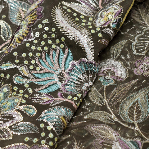 52" Taupe Beige Embroidered Georgette Fabric by Yard Indian Embroidery Sewing Summer Dress Material Drapery Bridal Lehenga Wedding Dress