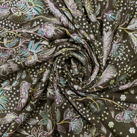 52" Taupe Beige Embroidered Georgette Fabric by Yard Indian Embroidery Sewing Summer Dress Material Drapery Bridal Lehenga Wedding Dress