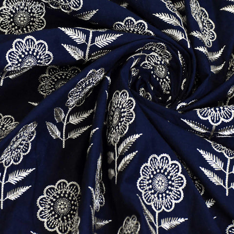 Floral Embroidered Cotton Fabric, Indian Sewing Fabric, Midnight Blue
