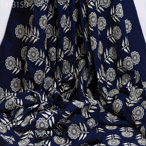 Floral Embroidered Cotton Fabric, Indian Sewing Fabric, Midnight Blue