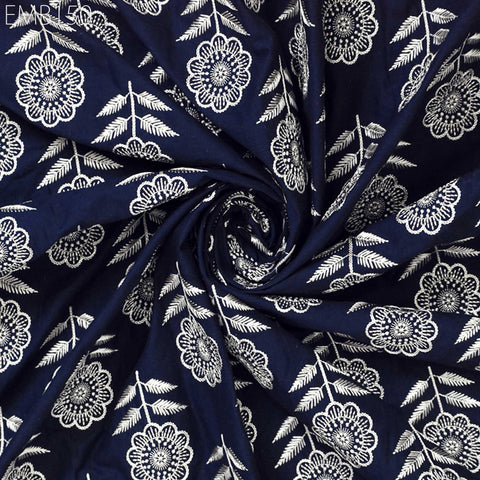 Floral Embroidered Cotton Fabric, Indian Sewing Fabric, Midnight Blue