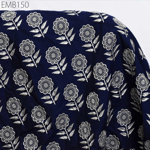Floral Embroidered Cotton Fabric, Indian Sewing Fabric, Midnight Blue