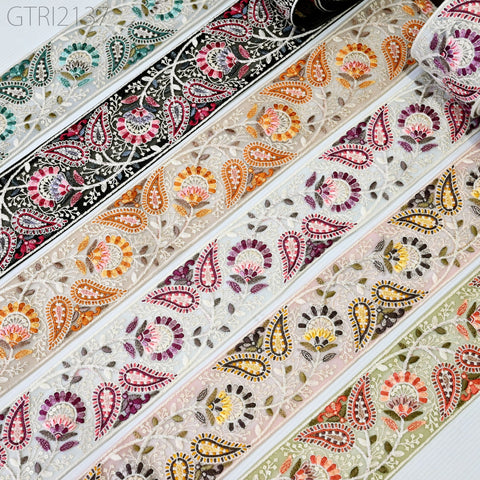 3 Yard Indian Embroidery Fabric 75mm Trim Decorative Saree Embellishments DIY Crafting Sewing Curtains Sari Border Embroidered Ribbons