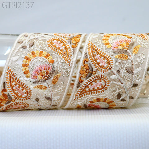 3 Yard Indian Embroidery Fabric 75mm Trim Decorative Saree Embellishments DIY Crafting Sewing Curtains Sari Border Embroidered Ribbons