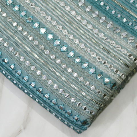 Blue Indian Embroidered Fabric by the Yard Georgette Embroidery Sewing Curtain DIY Crafting Summer Women Dress Material Drapery Home Decor