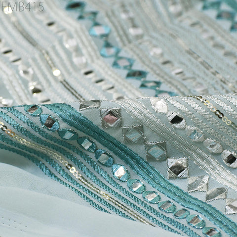 Blue Indian Embroidered Fabric by the Yard Georgette Embroidery Sewing Curtain DIY Crafting Summer Women Dress Material Drapery Home Decor