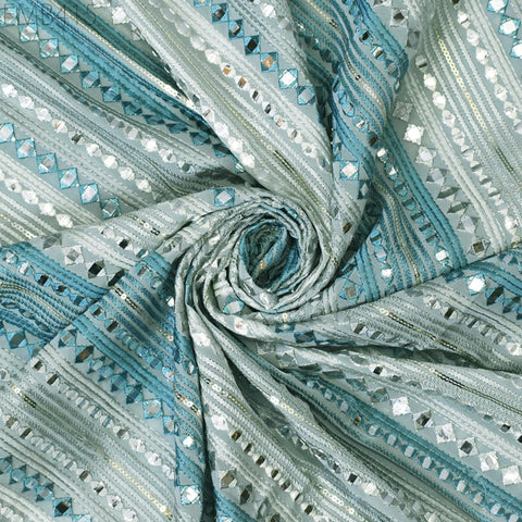 Blue Indian Embroidered Fabric by the Yard Georgette Embroidery Sewing Curtain DIY Crafting Summer Women Dress Material Drapery Home Decor