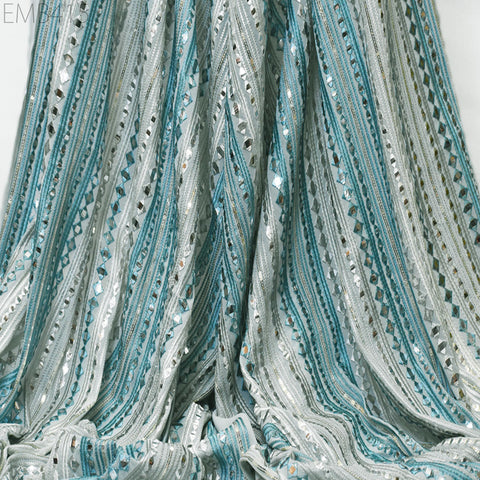 Blue Indian Embroidered Fabric by the Yard Georgette Embroidery Sewing Curtain DIY Crafting Summer Women Dress Material Drapery Home Decor