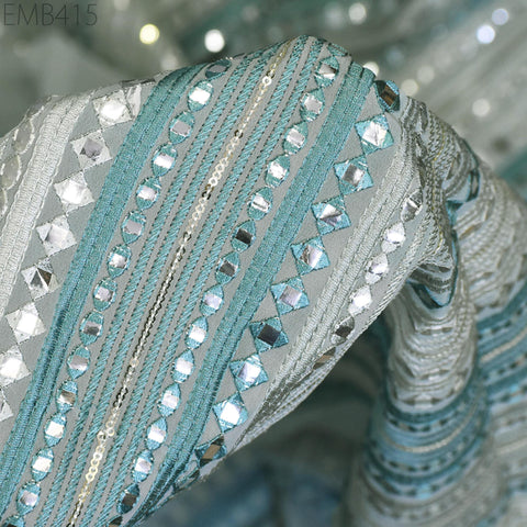 Blue Indian Embroidered Fabric by the Yard Georgette Embroidery Sewing Curtain DIY Crafting Summer Women Dress Material Drapery Home Decor