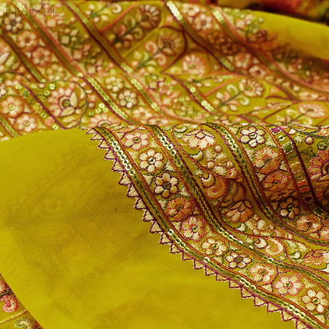 54'' Indian Embroidered Georgette Fabric by the Yard Embroidery Bridal Wedding Lehenga Women Dresses Material with Border Sewing Crafting