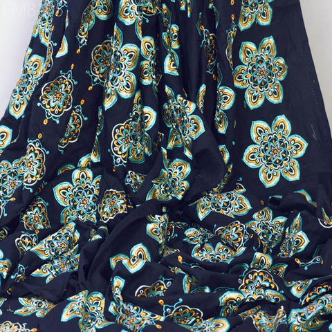 Navy Blue Embroidered Cotton Fabric by Yard Indian Embroidery Sewing DIY Crafting Women Summer Dresses Costumes Tote Bag Home Decor Curtains