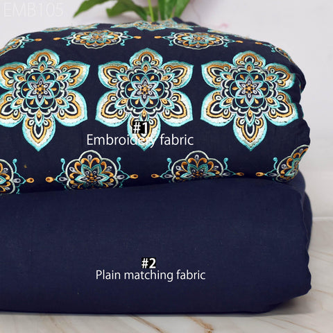Navy Blue Embroidered Cotton Fabric by Yard Indian Embroidery Sewing DIY Crafting Women Summer Dresses Costumes Tote Bag Home Decor Curtains