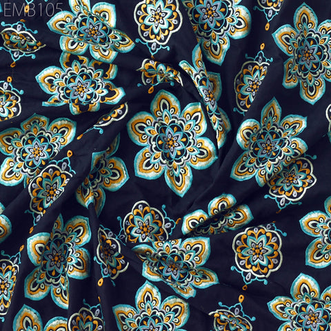 Navy Blue Embroidered Cotton Fabric by Yard Indian Embroidery Sewing DIY Crafting Women Summer Dresses Costumes Tote Bag Home Decor Curtains