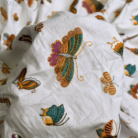 Indian Embroidery Butterflies Cotton Fabric by the Yard Sewing Embroidered Summer Dresses Costumes Dolls Bags Cushion Covers Table Runners