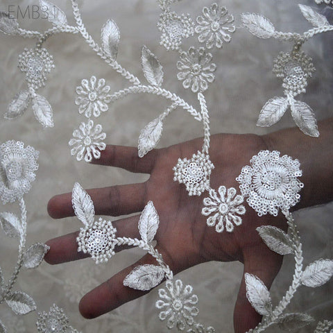 White Tulle Embroidery Fabric by the Yard Bridal Wedding Dress Floral Embroidered Indian fabric Saree DIY Crafting Sewing costumes doll