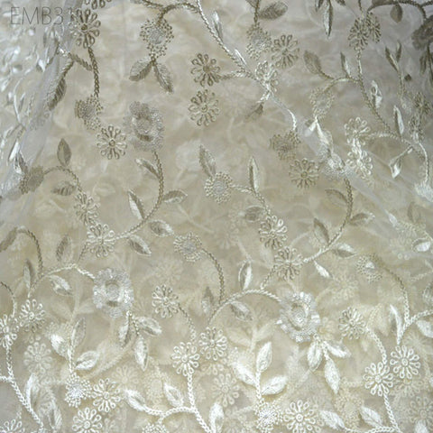 White Tulle Embroidery Fabric by the Yard Bridal Wedding Dress Floral Embroidered Indian fabric Saree DIY Crafting Sewing costumes doll