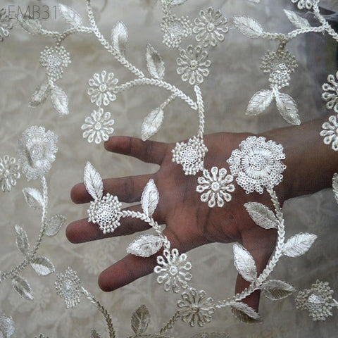 White Tulle Embroidery Fabric by the Yard Bridal Wedding Dress Floral Embroidered Indian fabric Saree DIY Crafting Sewing costumes doll