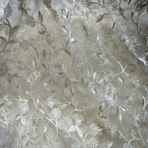 White Tulle Embroidery Fabric by the Yard Bridal Wedding Dress Floral Embroidered Indian fabric Saree DIY Crafting Sewing costumes doll