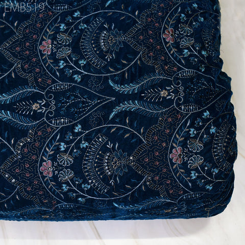 Teal Blue Indian Embroidered Velvet Fabric by the yard Sewing DIY Crafting Wedding Dress Costumes Bags Cushion Covers Table Runner Quilting