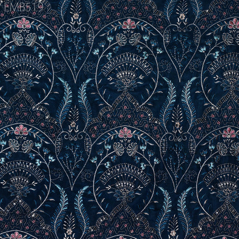 Teal Blue Indian Embroidered Velvet Fabric by the yard Sewing DIY Crafting Wedding Dress Costumes Bags Cushion Covers Table Runner Quilting