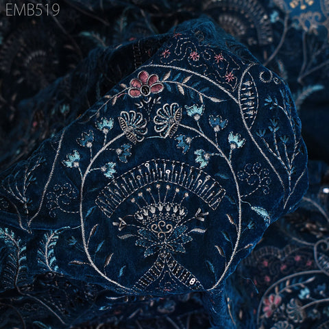 Teal Blue Indian Embroidered Velvet Fabric by the yard Sewing DIY Crafting Wedding Dress Costumes Bags Cushion Covers Table Runner Quilting