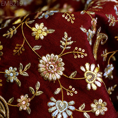 Indian Embroidered Fabric by the yard Sewing DIY Crafting Embroidery Wedding Dresses Fabric Costumes Dolls Bags Cushion Covers Table Runners