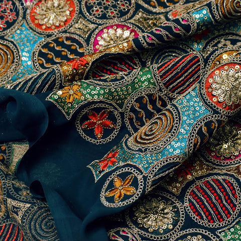 Indian Embroidered Fabric by the Yard Georgette Blue Embroidery Sewing Curtain DIY Crafting Summer Women Dress Material Drapery Home Decor