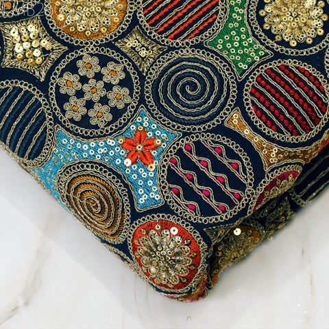 Indian Embroidered Fabric by the Yard Georgette Blue Embroidery Sewing Curtain DIY Crafting Summer Women Dress Material Drapery Home Decor