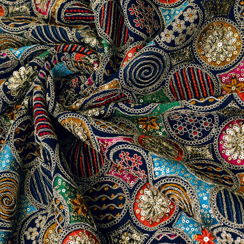 Indian Embroidered Fabric by the Yard Georgette Blue Embroidery Sewing Curtain DIY Crafting Summer Women Dress Material Drapery Home Decor