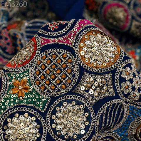 Indian Embroidered Fabric by the Yard Georgette Blue Embroidery Sewing Curtain DIY Crafting Summer Women Dress Material Drapery Home Decor