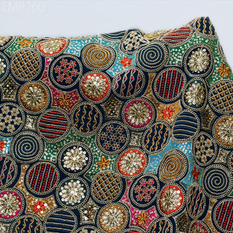 Indian Embroidered Fabric by the Yard Georgette Blue Embroidery Sewing Curtain DIY Crafting Summer Women Dress Material Drapery Home Decor