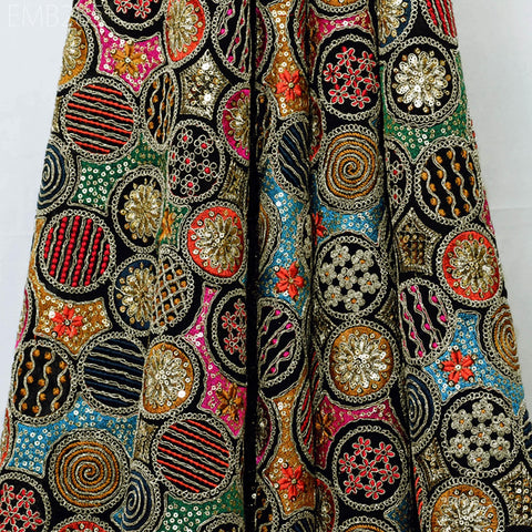 Indian Embroidered Fabric by the Yard Georgette Black Embroidery Sewing Curtain DIY Crafting Summer Women Dress Material Drapery Home Decor