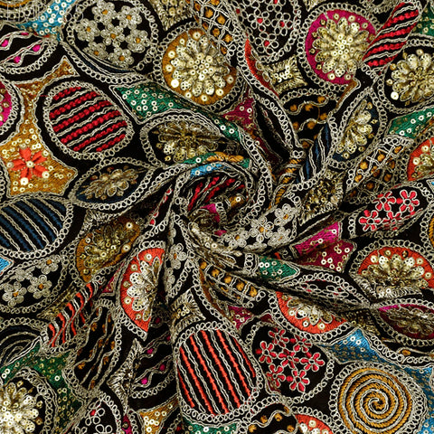 Indian Embroidered Fabric by the Yard Georgette Black Embroidery Sewing Curtain DIY Crafting Summer Women Dress Material Drapery Home Decor