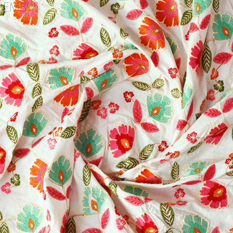 White Embroidered Fabric Indian Embroidery Cotton Fabric by the Yard Sewing Fabric DIY Crafting Wedding Dress Costumes Doll Bag Home Decor