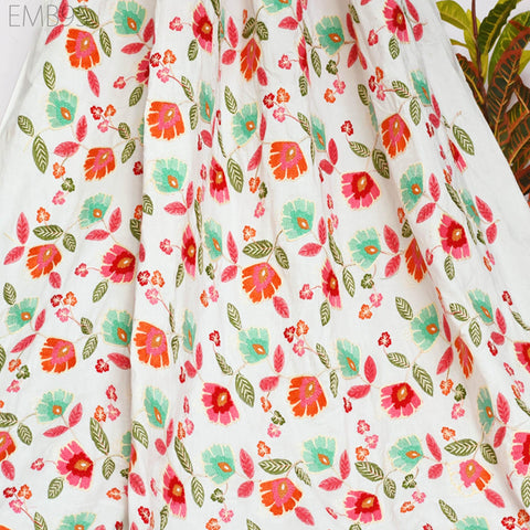 White Embroidered Fabric Indian Embroidery Cotton Fabric by the Yard Sewing Fabric DIY Crafting Wedding Dress Costumes Doll Bag Home Decor